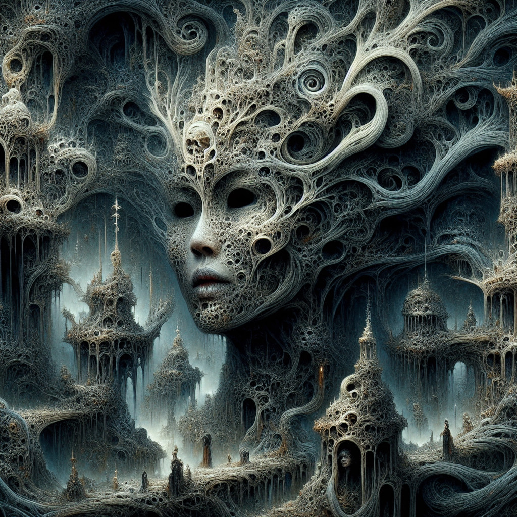 Surreal Landscape with Intricate Face and Labyrinthine Forms