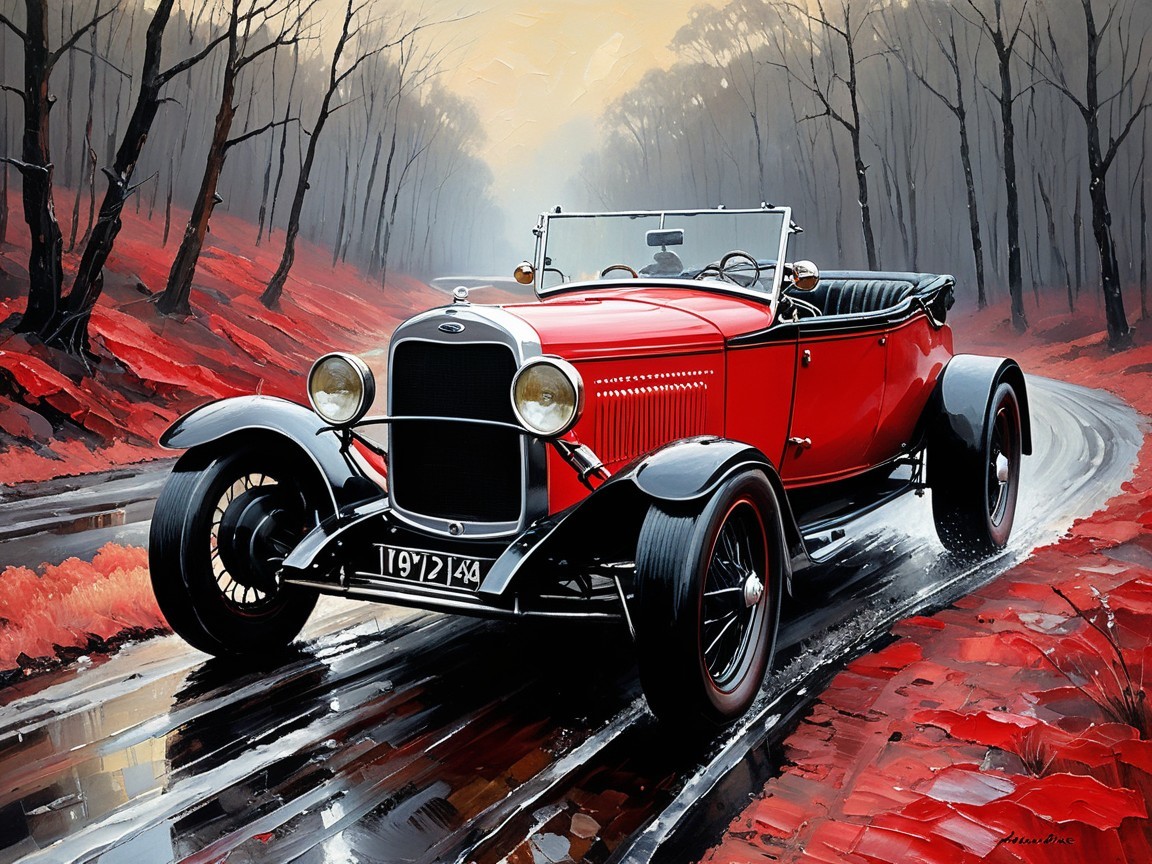 Vintage 1920s Red Convertible on Misty Autumn Road