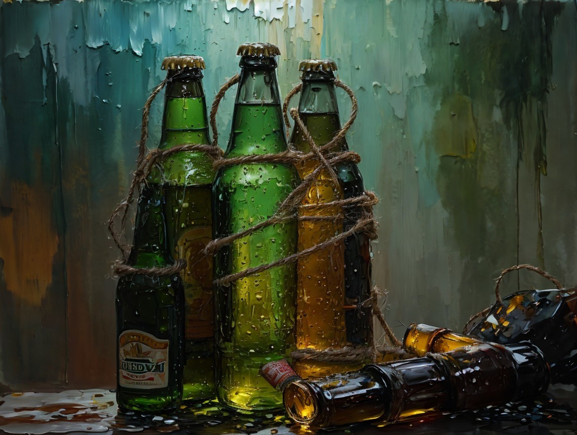 Cluster of Glass Bottles with Water Droplets