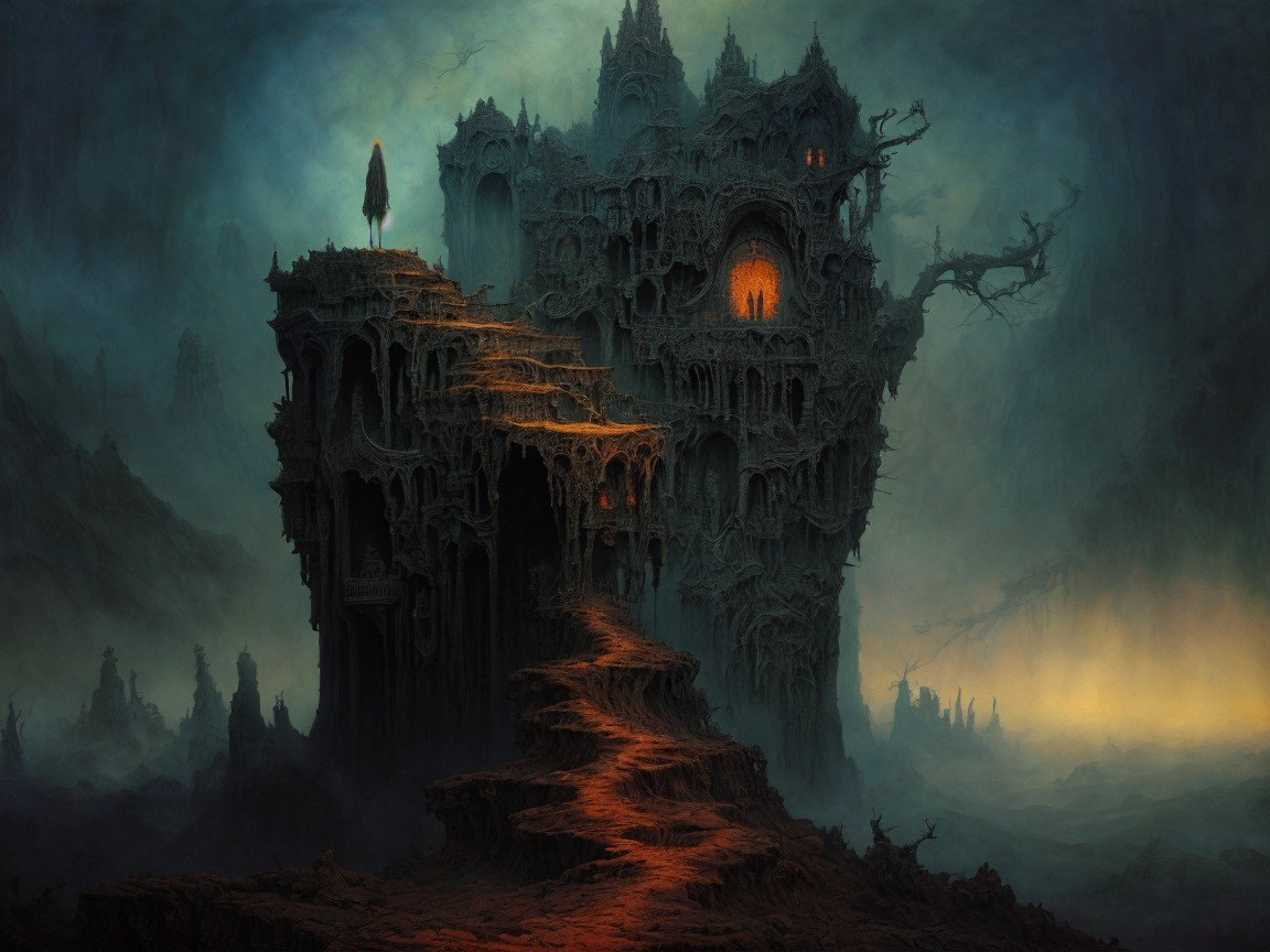 Mysterious Castle in Otherworldly Landscape with Mist