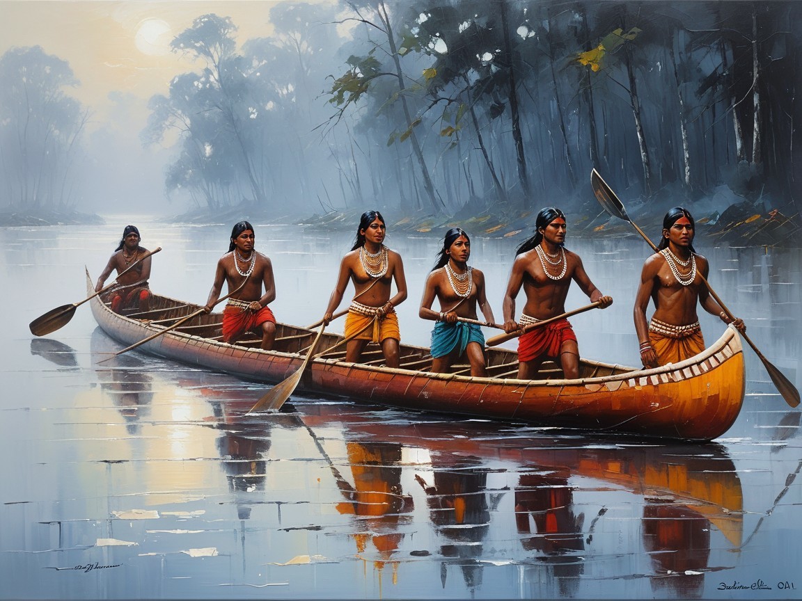 Serene River Scene with Indigenous Canoe at Dawn