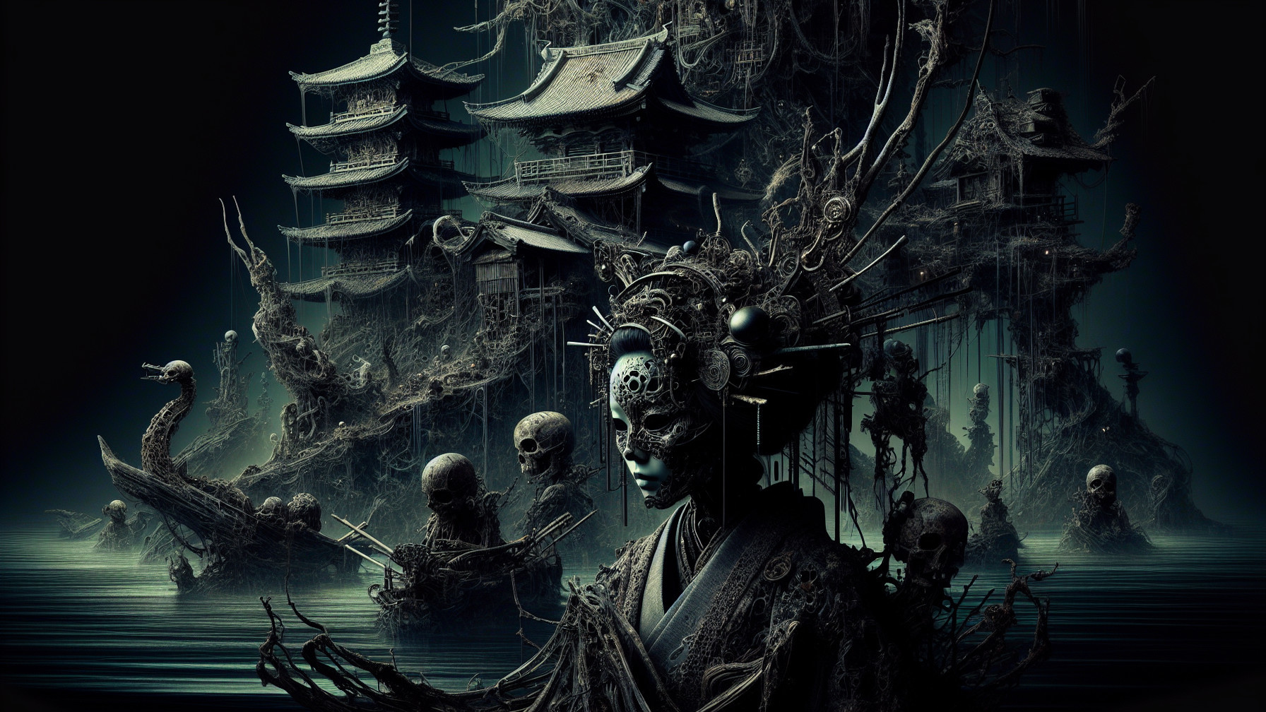 Intricate Scene of East Asian Architecture and Gothic Horror