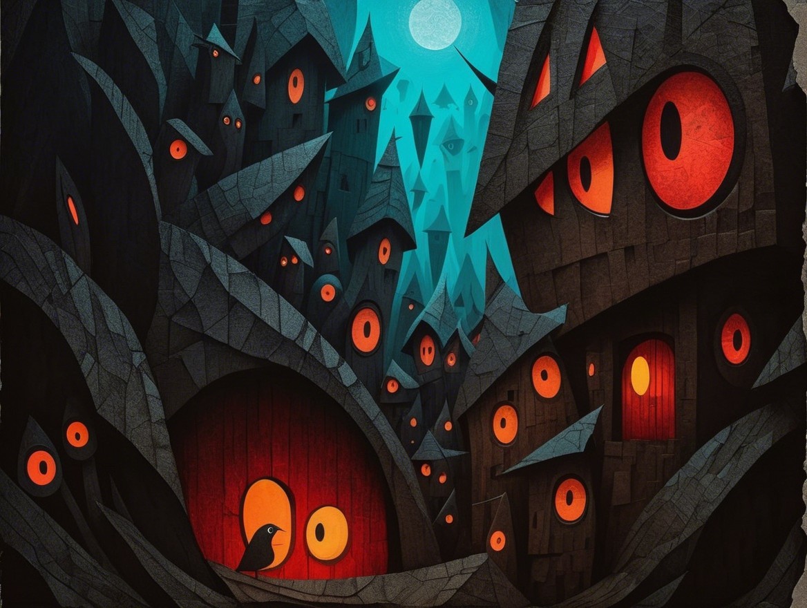Whimsical Night Scene with Angular Houses and Moonlight