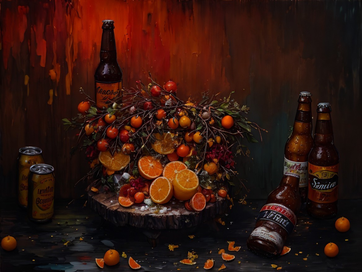Vibrant Still Life with Fruit and Beer Bottles