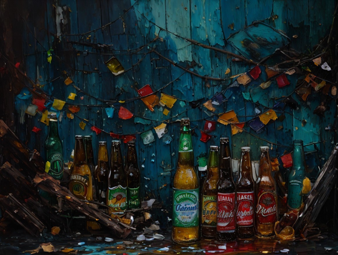 Colorful Beer Bottles in Vibrant Still Life Arrangement