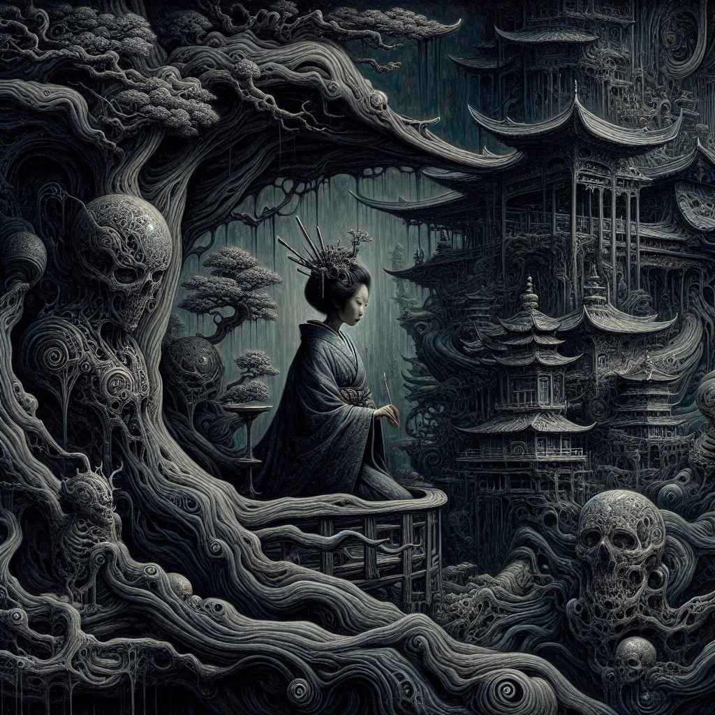 Serene Figure in Traditional Attire Amid Surreal Landscape