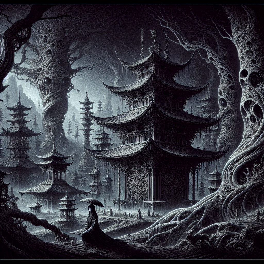 Surreal Landscape with Pagodas and Twisted Trees