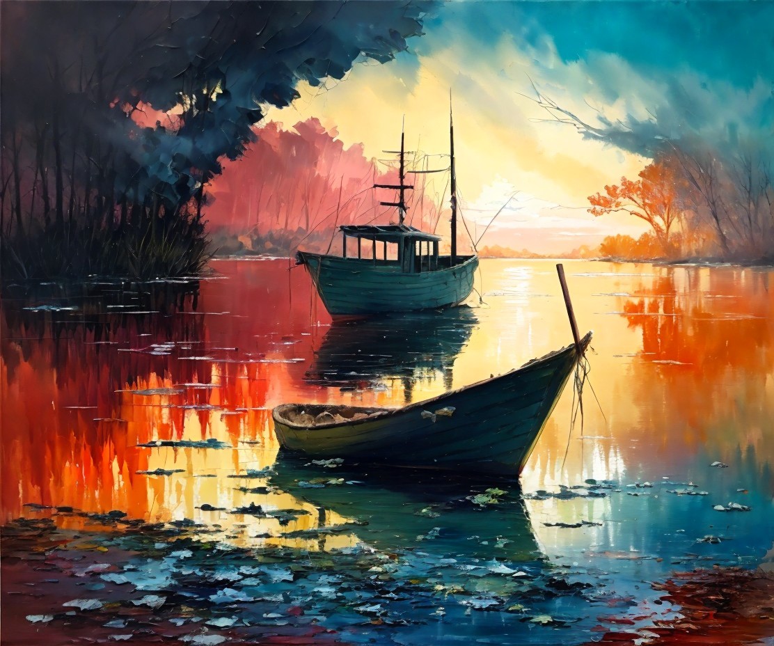 Lakeside Sunset Scene with Boats and Reflections