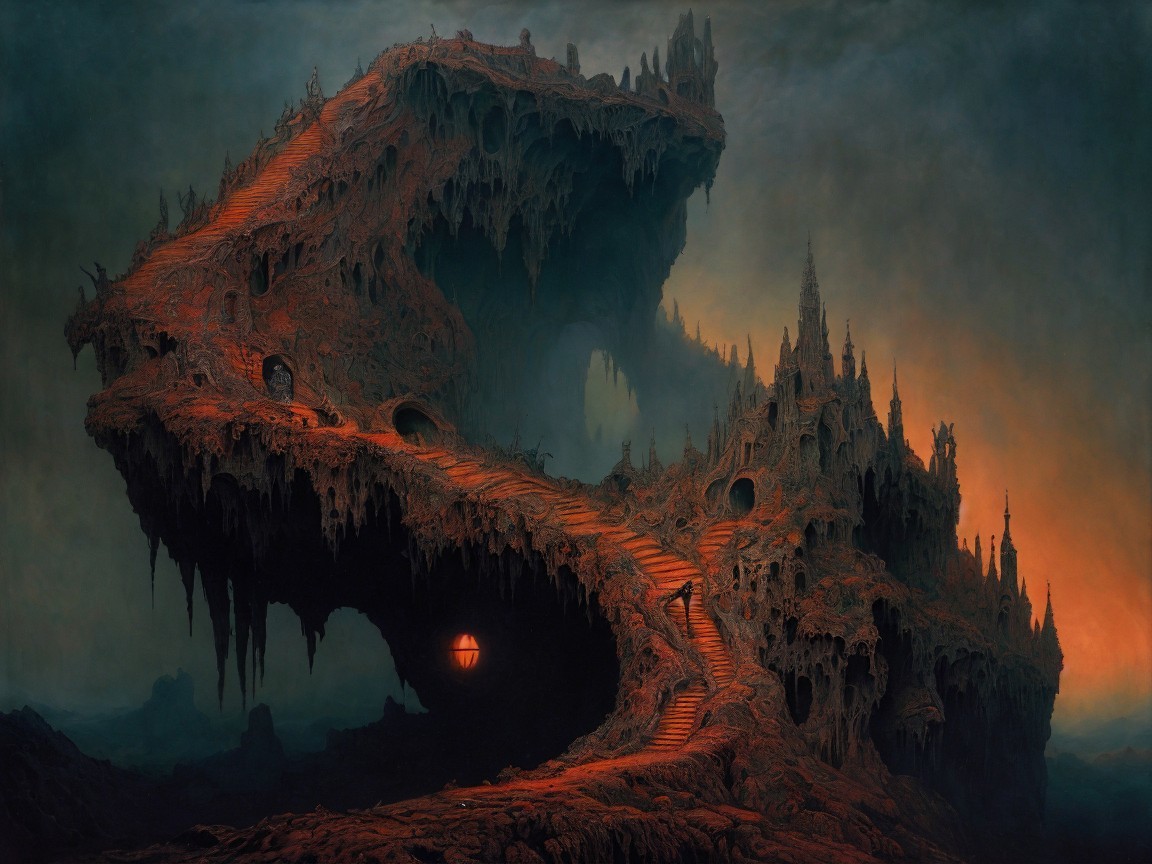 Surreal Landscape with Twisted Rocky Mountain and Stairs