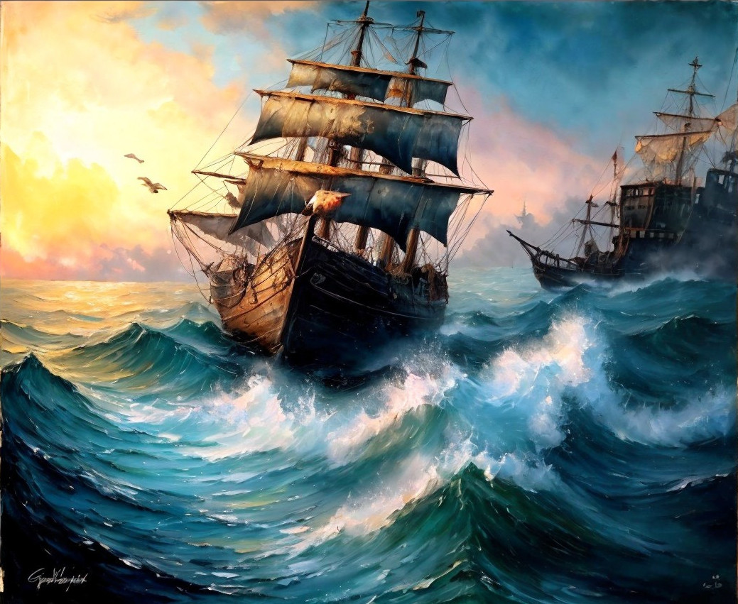 Dramatic Seascape with Ships and Turbulent Waves