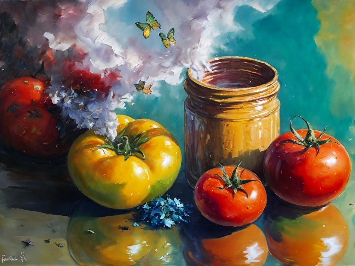 Vibrant Still Life with Colorful Tomatoes and Butterflies