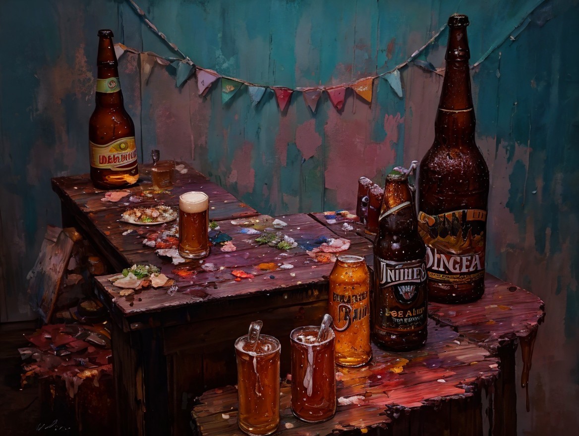 Rustic Wooden Table with Beverages and Snacks