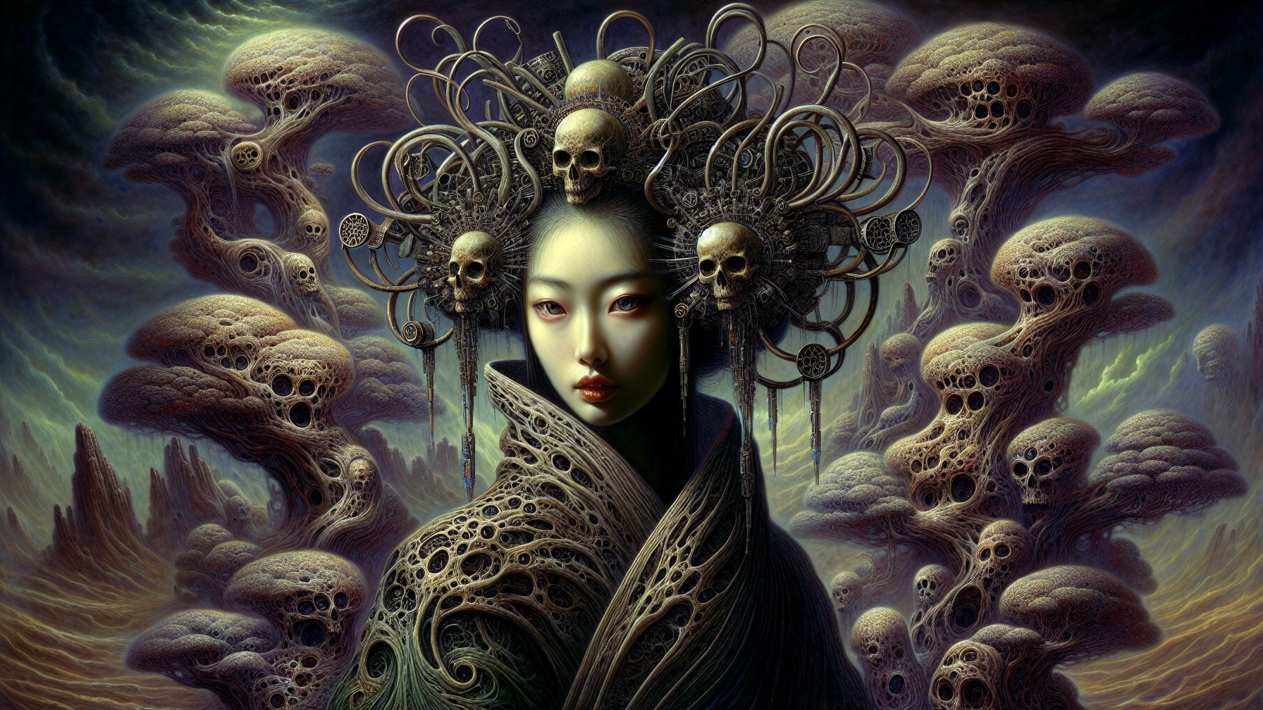 Surreal Landscape with Haunting Figure and Headdress