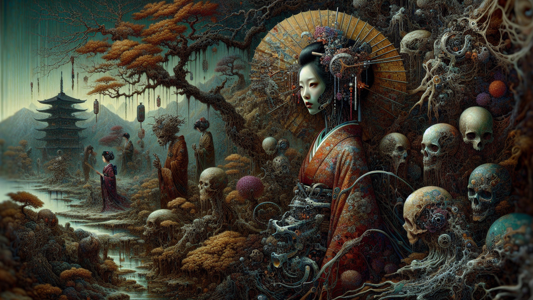 Surreal Landscape with Japanese Elements and Dark Fantasy