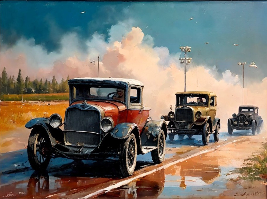 Vintage Cars Racing on a Wet Road Under Blue Sky