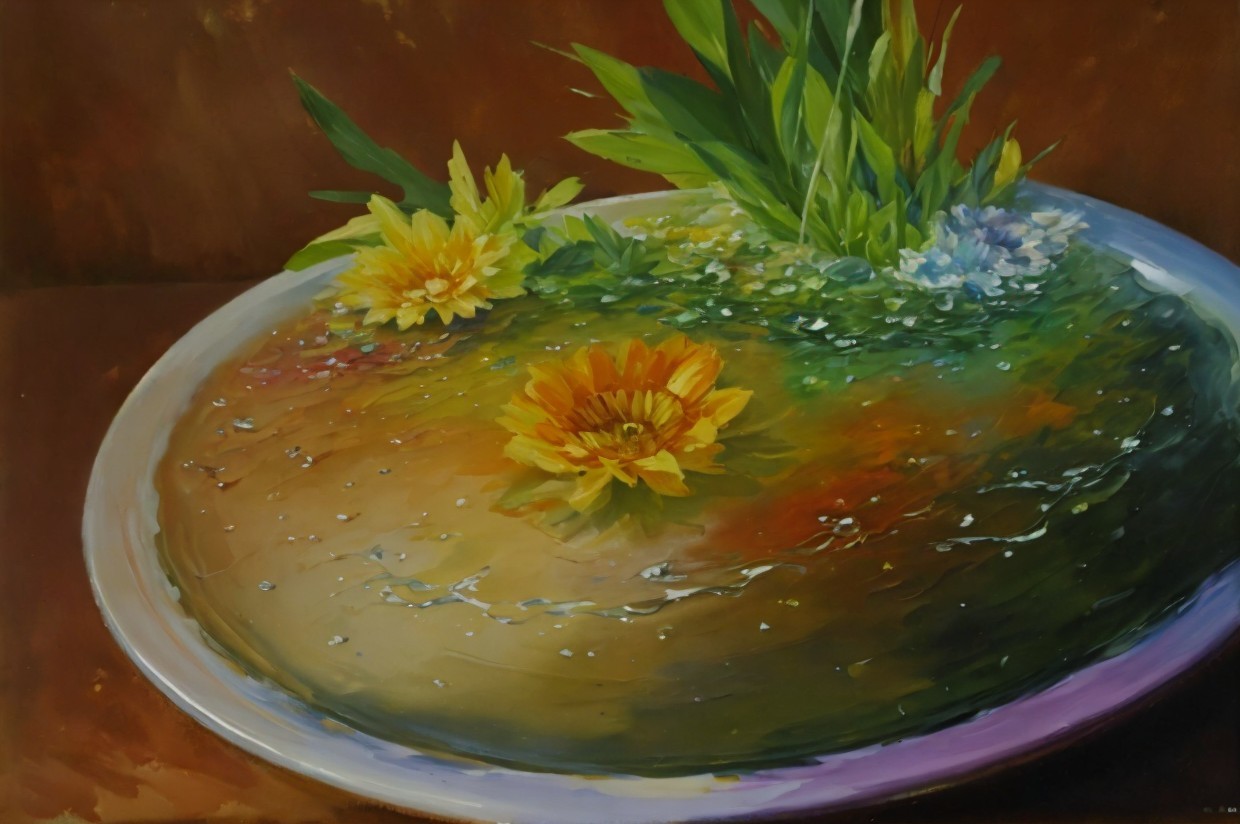 Serene Water Surface with Yellow Flowers and Green Leaves