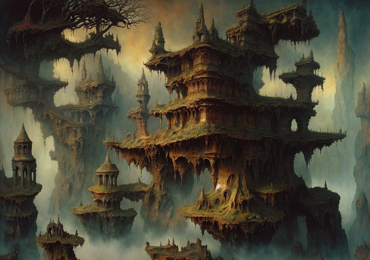 Otherworldly landscape with ancient structures and mist