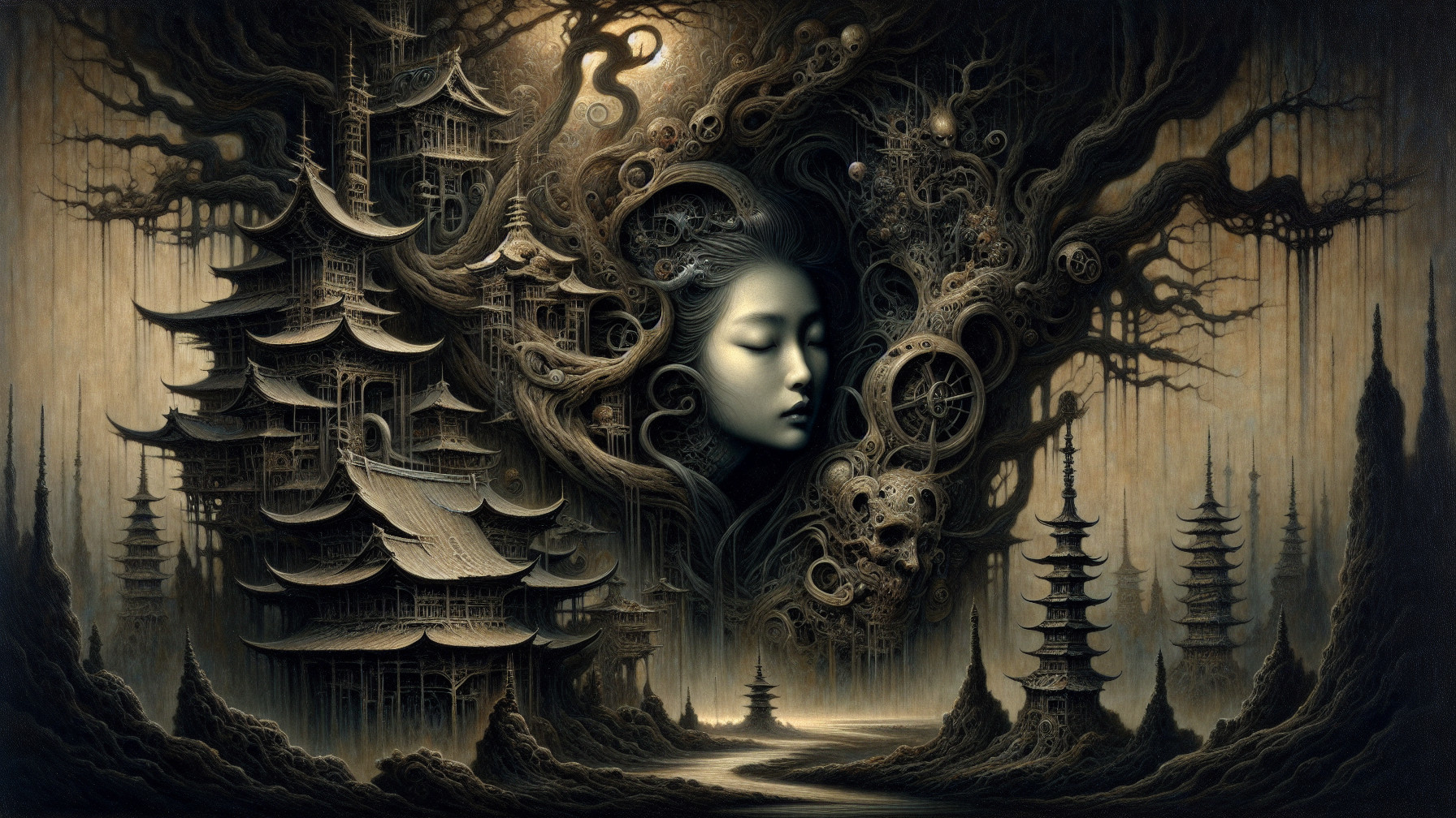 Surreal Landscape with Pagodas and Ethereal Elements