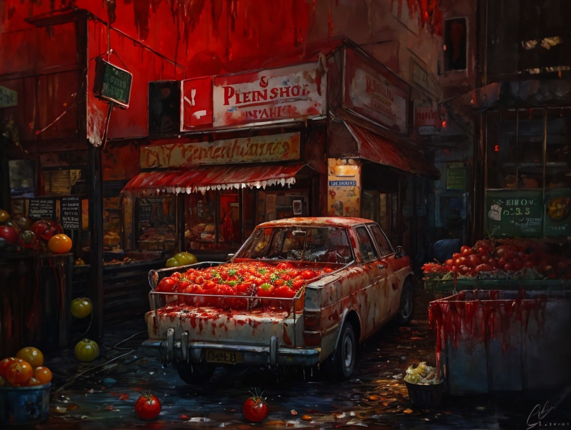 Vintage car with red tomatoes in market alley
