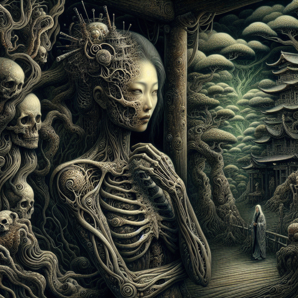 Surreal Scene with Anatomical Figure in Ethereal Landscape