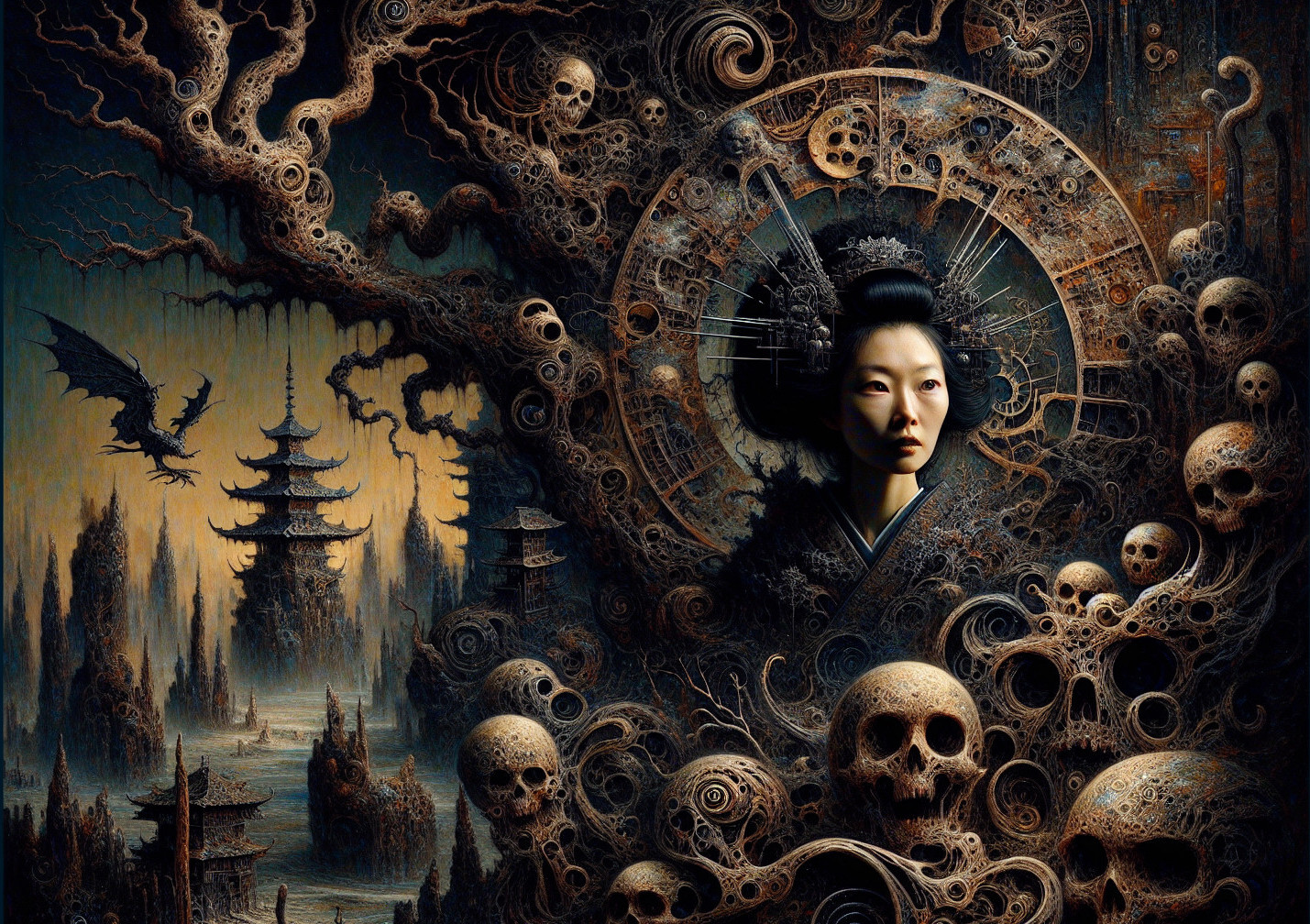 Surreal Dark Landscape with Intricate Haunting Designs