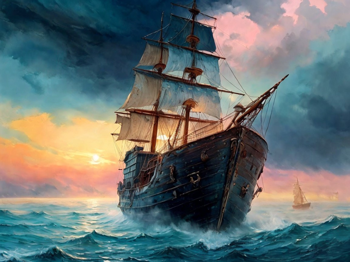 Majestic Sailing Ship in Turbulent Waters Scene