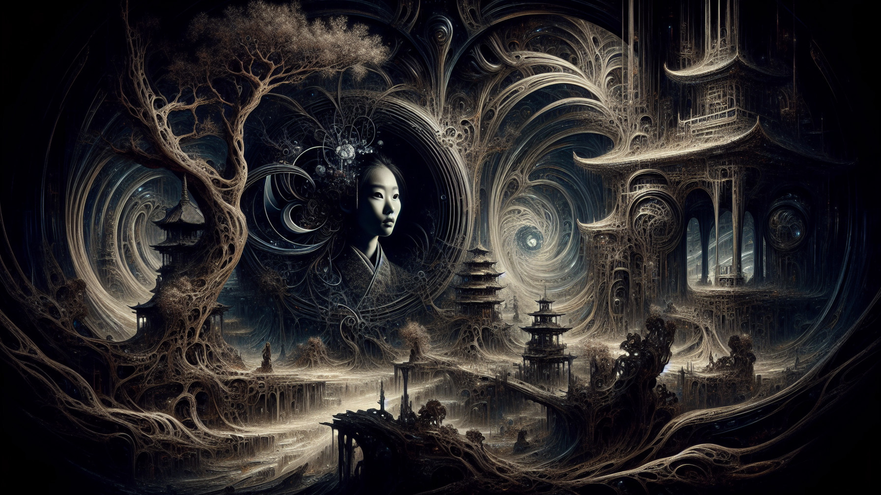 Surreal Landscape with Serene Figure and Pagodas