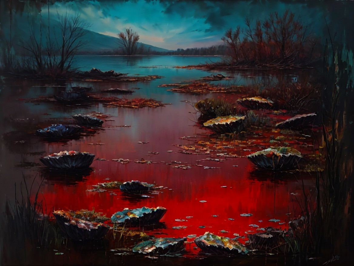 Serene Water Landscape with Dark Trees and Red Tones