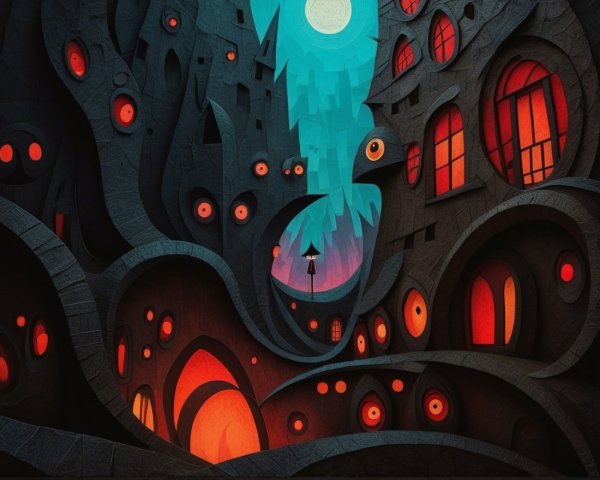 Surreal Urban Landscape with Twisting Buildings and Moon