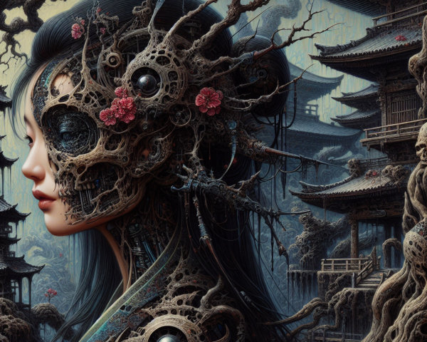 Mechanical Face with Organic Elements in Dreamlike Setting