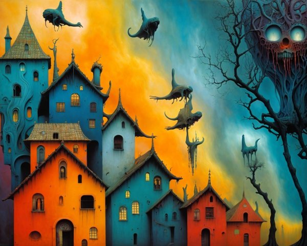 Surreal Landscape with Colorful Houses and Creatures