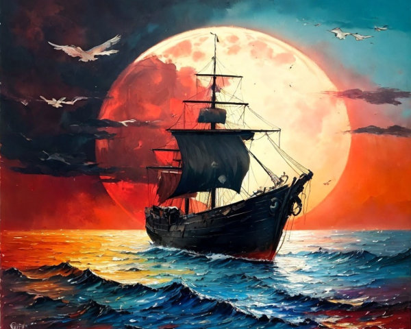 Majestic ship sailing under vibrant sunset skies