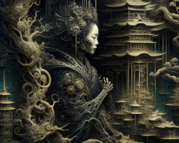 Intricate figure entwined with nature-inspired designs