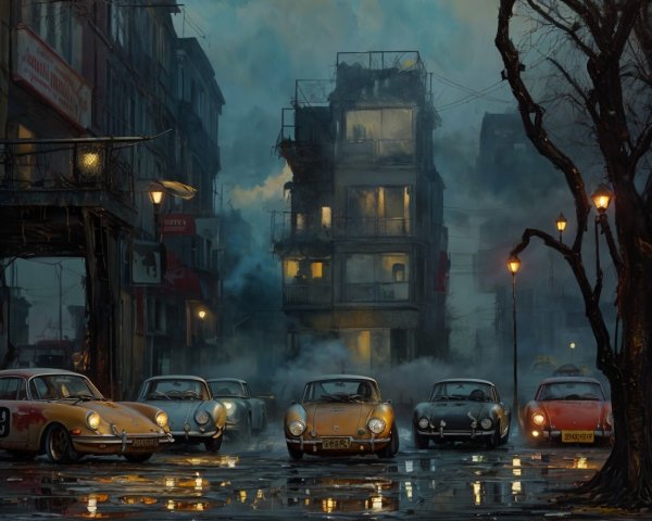 Moody Cityscape with Vintage Cars and Fog at Dusk