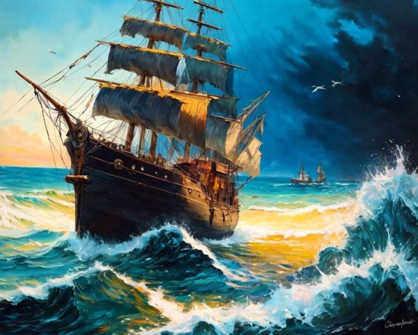 Majestic sailing ship amidst tumultuous ocean waves