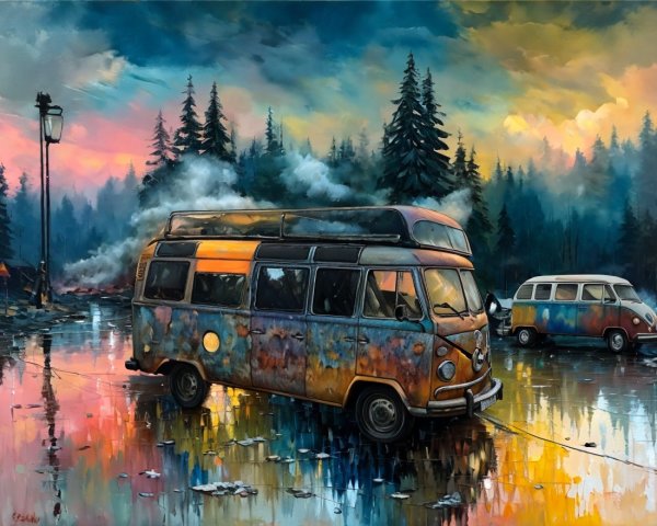 Vintage Vans by Reflective Puddle in Misty Forest