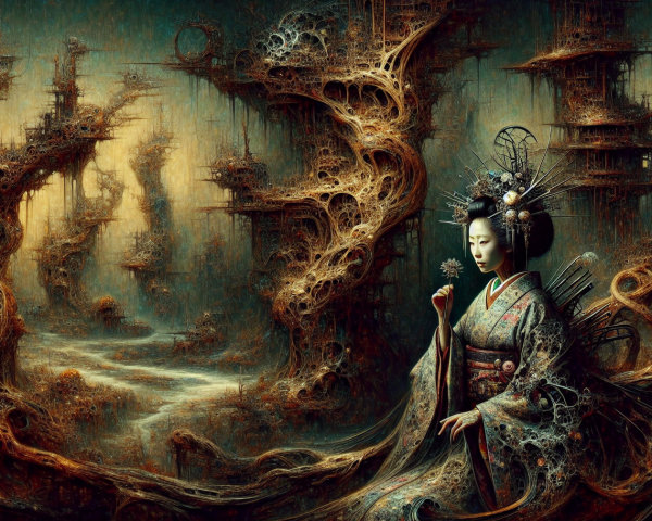 Serene Figure in Ornate Kimono in Fantastical Landscape
