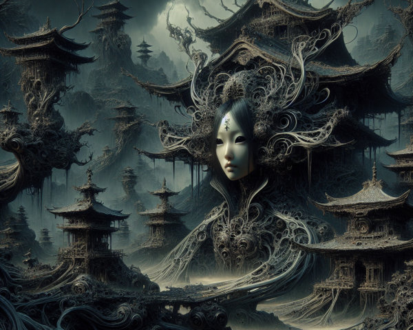 Surreal Landscape with Ethereal Face and Pagoda Structures