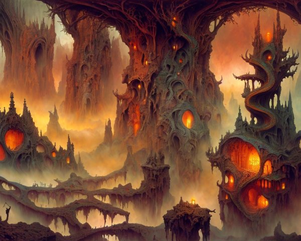 Surreal Landscape with Twisting Structures and Spires