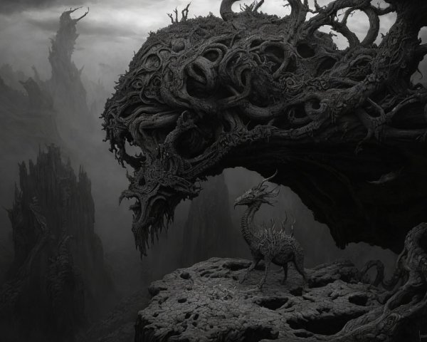 Surreal Dark Landscape with Dragon-like Creature
