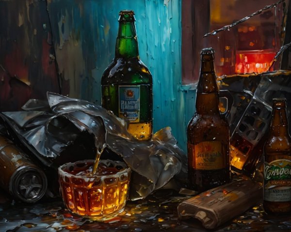 Still Life of Beer Bottles and Glass with Amber Liquid