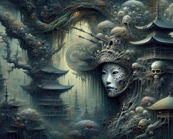 Surreal landscape with Asian architecture and mist
