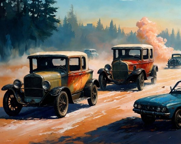 Vintage Cars in Snowy Landscape with Classic Automobiles