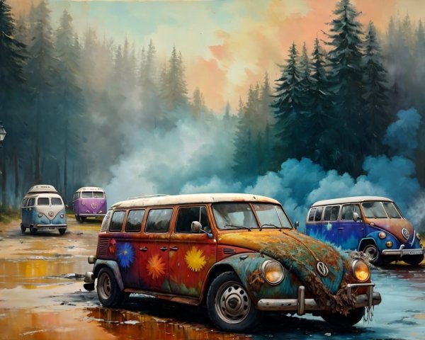 Vintage VW Vans in a Misty Forest Setting