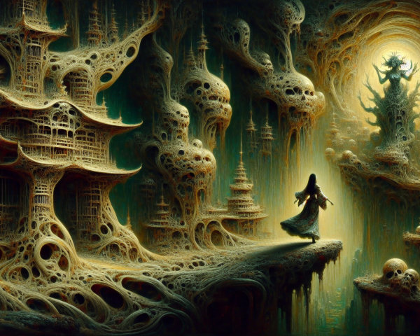 Surreal Landscape with Ethereal Figures and Structures