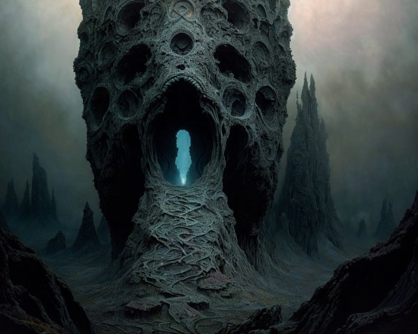 Surreal landscape with a massive skull structure