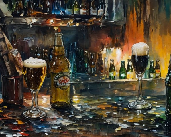 Vibrant Bar Scene with Beer Bottles and Glasses