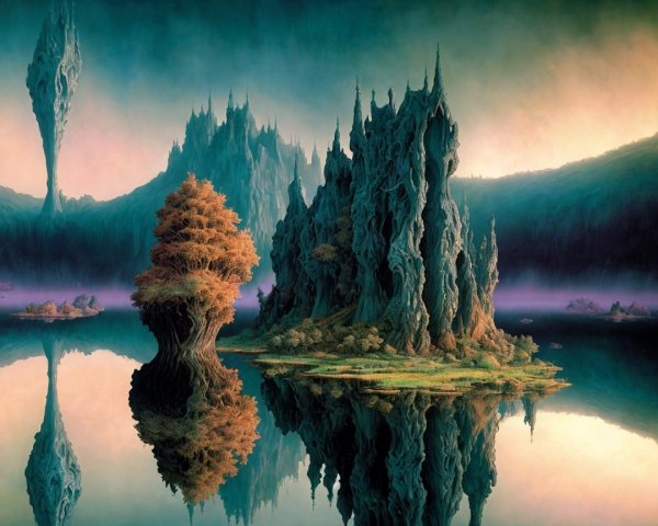 Surreal Landscape with Jagged Mountains and Vibrant Sky