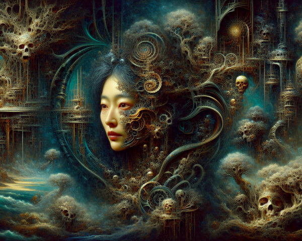 Surreal Landscape with Face and Intricate Patterns