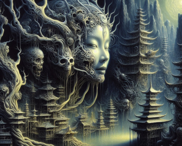 Surreal Landscape with Ethereal Face and Pagodas